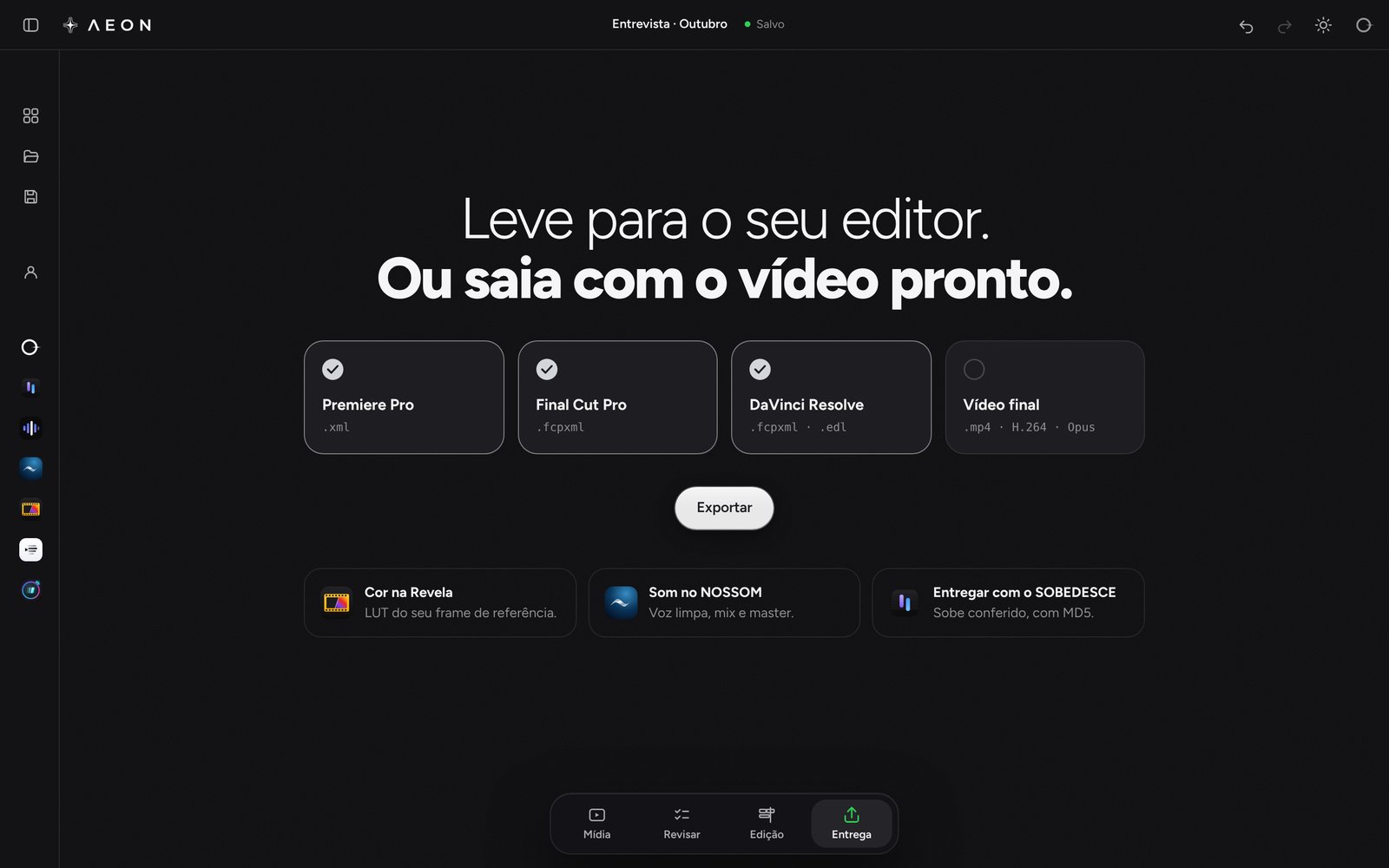 Página Entrega: Premiere Pro, Final Cut Pro, DaVinci Resolve e vídeo final