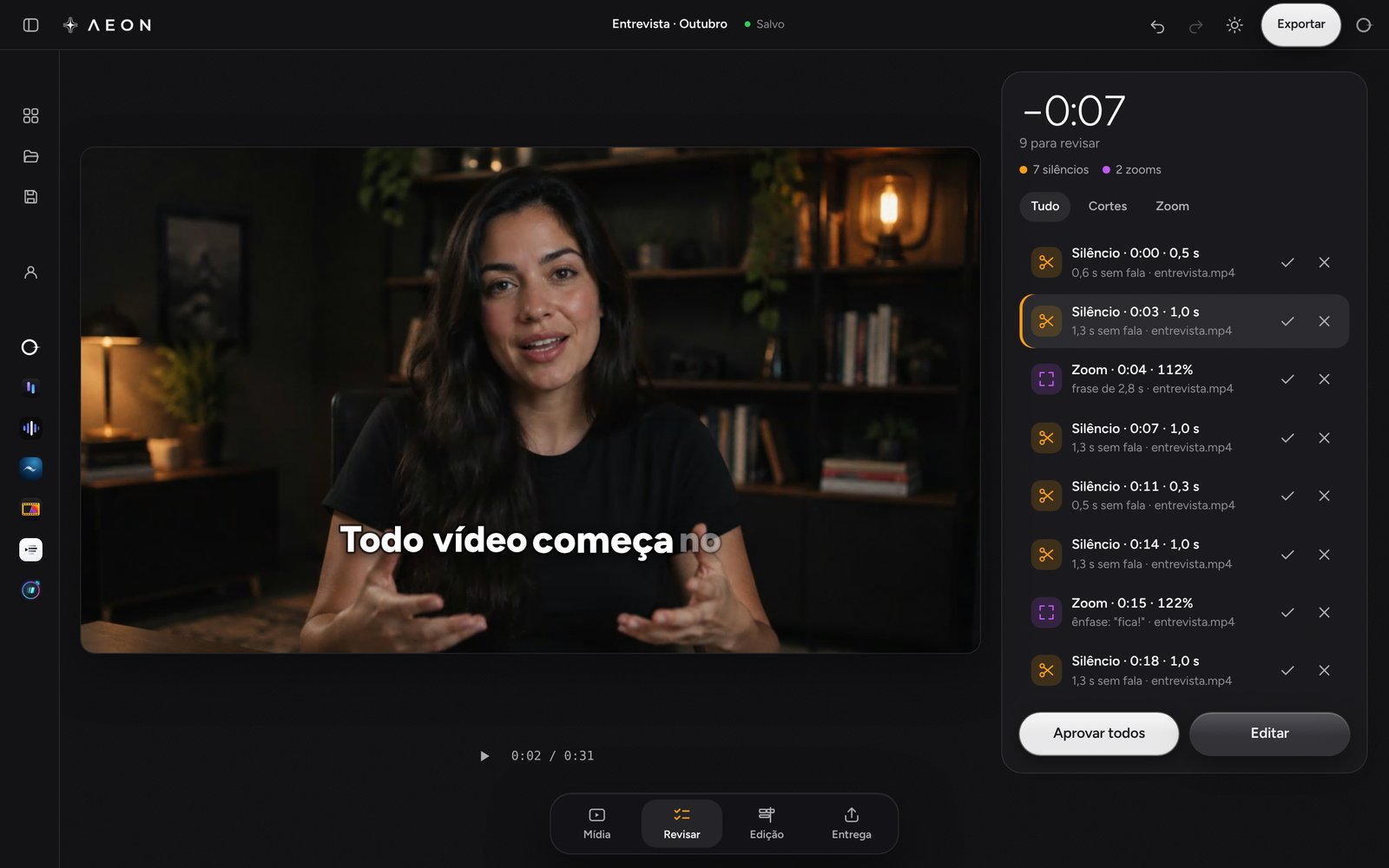 Página Revisar: silêncios, respiros e zooms propostos, cada um com aprovar e recusar