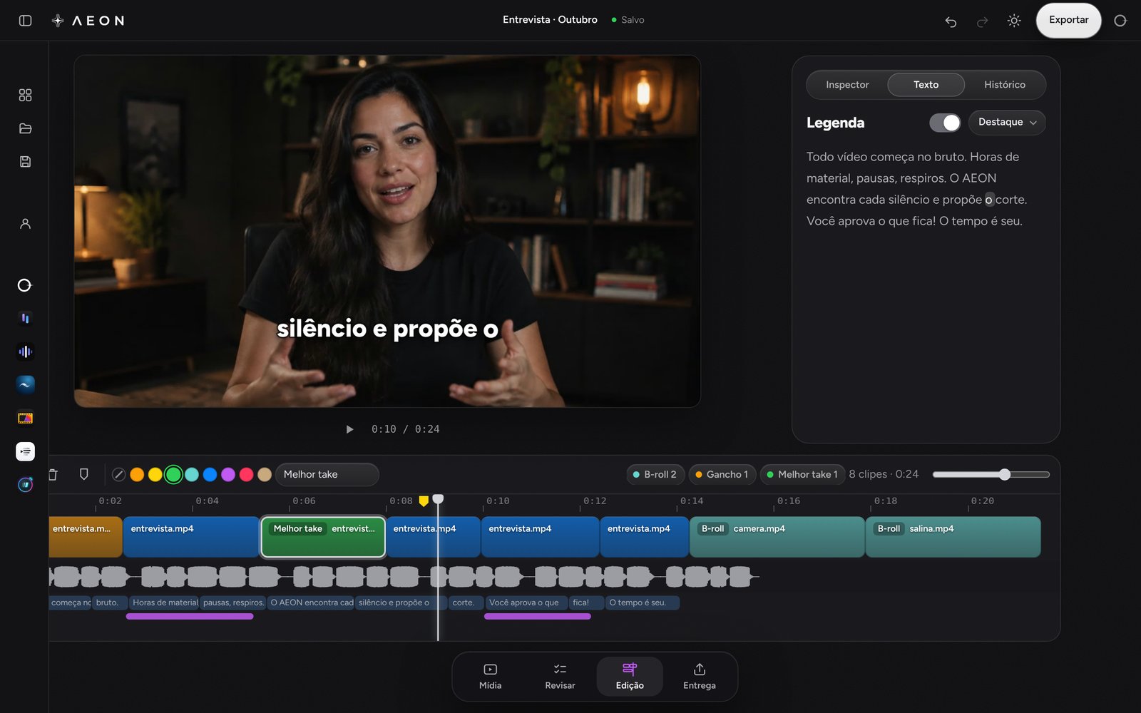 O texto falado ao lado do vídeo: clicar numa palavra leva até ela, dois cliques corrigem